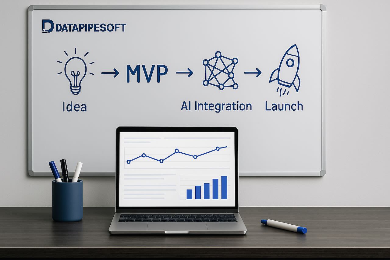 Startup AI roadmap on whiteboard with stages: Idea, MVP, AI Integration, and Launch.